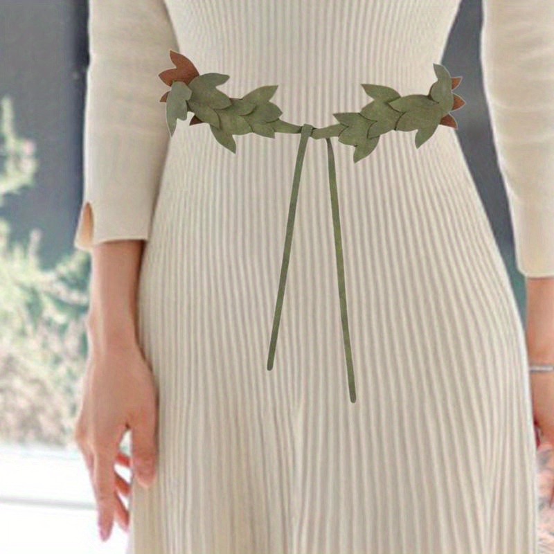 Adjustable Renaissance Women's PU Leather Waist Belt with Green Leaf Dress Belt